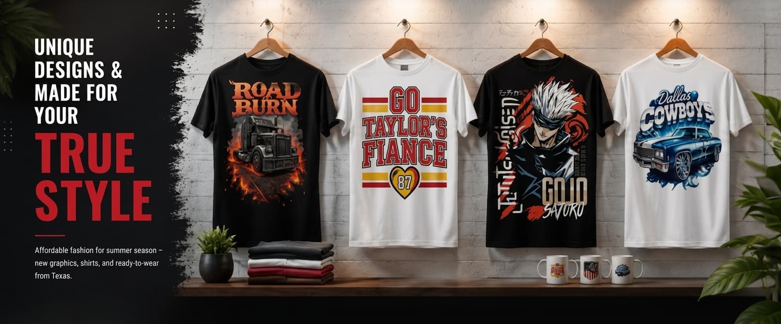 Unique designs made for your true style — graphic tees hanging in the KWK shop